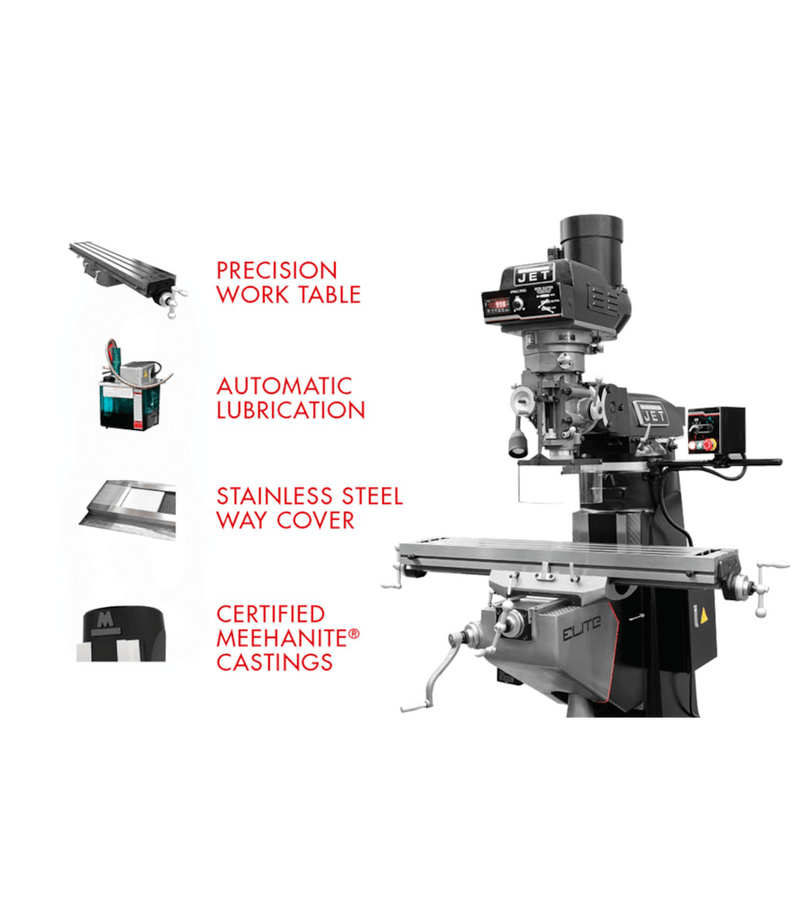 JET Elite ETM-949 Mill with 2-Axis ACU-RITE 303 DRO and X, Y, Z-Axis JET Powerfeeds and USA Made Air Draw Bar JET-894136