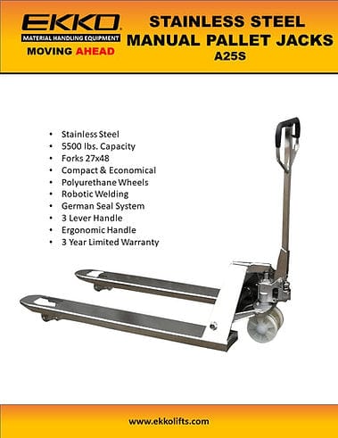 EKKO A25S Stainless Steel Manual Pallet Jack 5500lbs., Capacity A25S