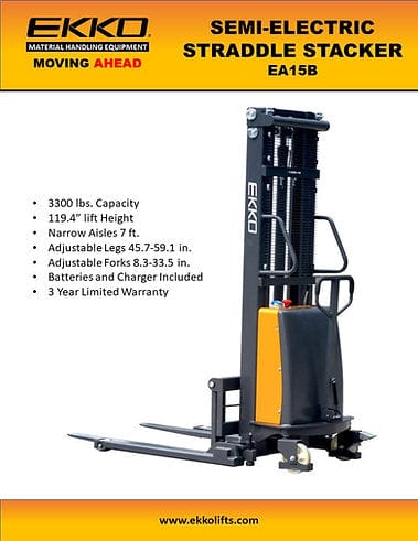 EKKO EA15B Semi-Electric Straddle Stacker 3300lbs. Cap., 119.4" Height EA15B