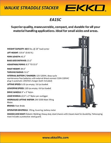 EKKO EA15C Semi-Electric Fork-Over Stacker 3300lbs. Cap., 119.3" Height