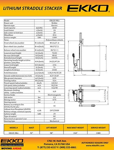 EKKO EB12E-98Li Lithium Iron Phosphate Straddle Stacker 72"Mast, 98" Lift EB12E-98Li