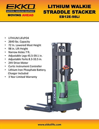 EKKO EB12E-98Li Lithium Iron Phosphate Straddle Stacker 72"Mast, 98" Lift EB12E-98Li