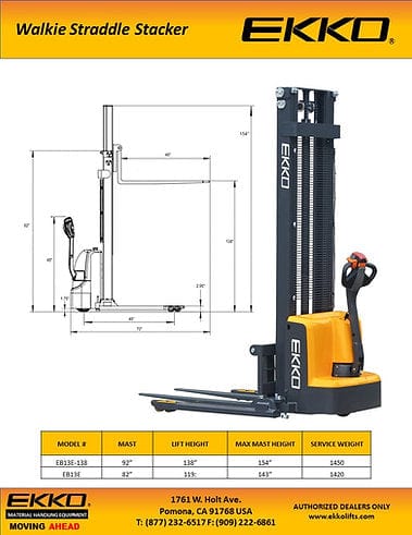 EKKO EB13E-138 Full Powered Straddle Stacker 2800 lb Cap., 138" Height EB13E-138