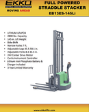EKKO EB13ES-145Li Full Powered Straddle Stacker 2640 lb Cap., 145" Height EB13ES-145LI