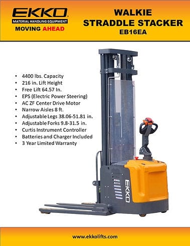 EKKO EB16EA Full Powered Straddle Stacker 4400 lb Cap., 216" Height EB16EA