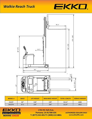 EKKO EH15TH Moving Mast Walkie Reach Truck 3300 lb Cap., 216" Height EH15TH