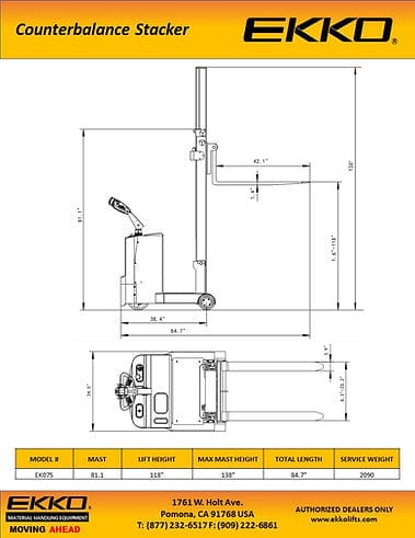 EKKO EK07S Counterbalance Walkie Stacker 1550lbs. Cap., 118" Height EK07S