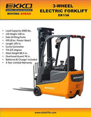 EKKO EK13A 3 Wheel Electric Forklift, 3300 lb Cap., 138" Lift Height EK13A
