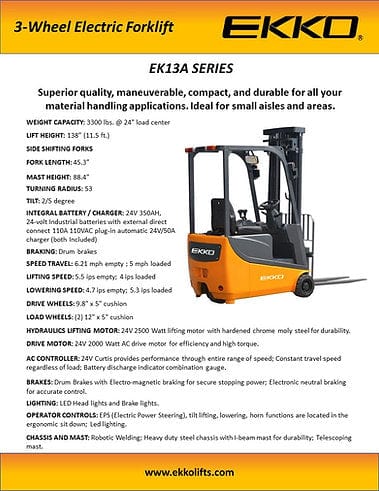 EKKO EK13A 3 Wheel Electric Forklift, 3300 lb Cap., 138" Lift Height EK13A