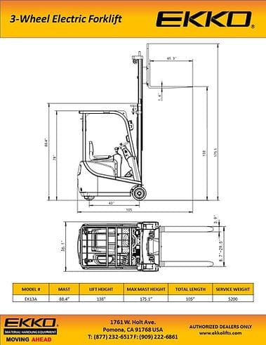 EKKO EK13A 3 Wheel Electric Forklift, 3300 lb Cap., 138" Lift Height EK13A