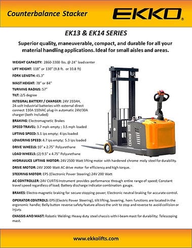 EKKO EK14-130 Fully Powered Counterbalanced Walkie Stacker 3300 lb Cap., 130" Height EK14-130