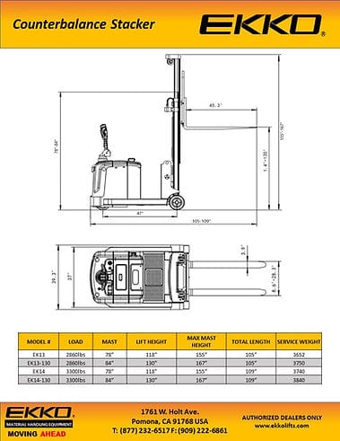 EKKO EK14-130 Fully Powered Counterbalanced Walkie Stacker 3300 lb Cap., 130" Height EK14-130