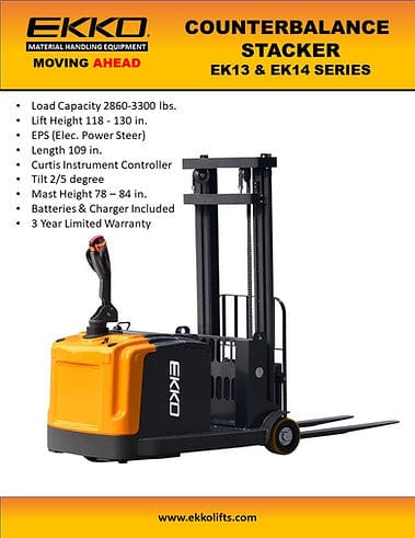 EKKO EK14-130 Fully Powered Counterbalanced Walkie Stacker 3300 lb Cap., 130" Height EK14-130