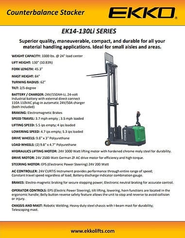 EKKO EK14S-130LI Lithium Counterbalanced Walkie Stacker SIDE-SHIFTING EK14S-130LI