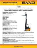 EKKO EK15A 3 Wheel Electric Forklift, 3300 lb Cap., 177" Lift Ht., Side Shift EK15A