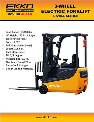 EKKO EK15A 3 Wheel Electric Forklift, 3300 lb Cap., 177" Lift Ht., Side Shift EK15A