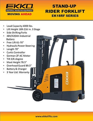 EKKO EK18RF Stand-up Rider Forklift, 4000 lb Cap., 216" Lift Ht. 48V EK18RF