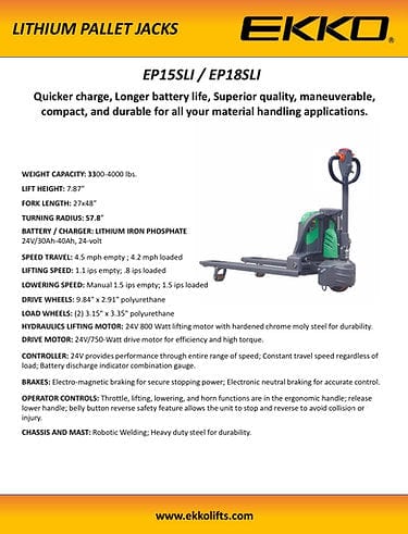 EKKO EP15SLI Lithium Iron Phospahte Electric Walkie Pallet Jack 3300 lb Capacity EP15SLI