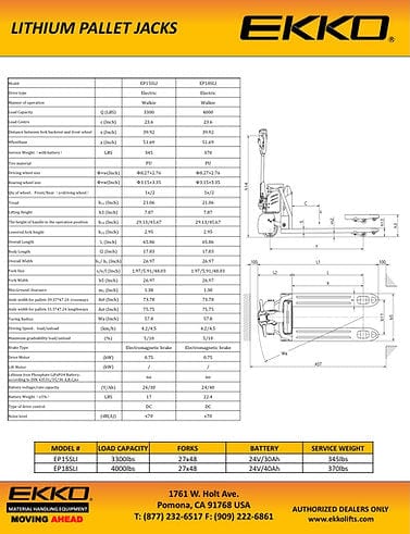 EKKO EP15SLI Lithium Iron Phospahte Electric Walkie Pallet Jack 3300 lb Capacity EP15SLI