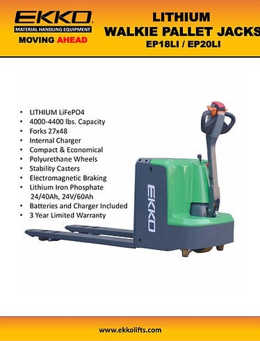 EKKO EP18LI Lithium Iron Walkie Pallet Jack 4000 lb Capacity EP18LI