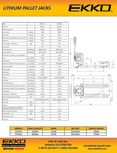 EKKO EP18SLI Lithium Iron Phosphate Electric Walkie Pallet Jack 4400 lb Capacity