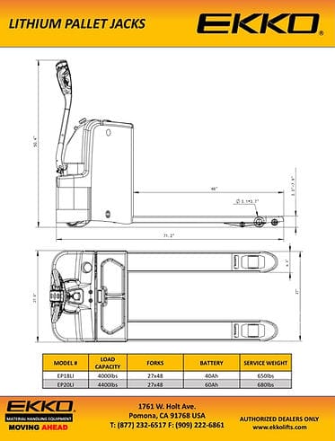 EKKO EP20LI Lithium Iron Phosphate Pallet Jack 4400 lb Capacity EP20LI