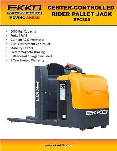 EKKO EPC30A Center-Controlled Rider Pallet Jack 5000lbs. Capacity EPC30A