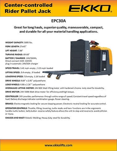 EKKO EPC30A Center-Controlled Rider Pallet Jack 5000lbs. Capacity