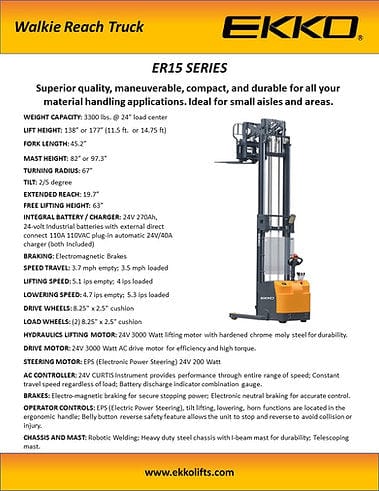 EKKO ER15 Walkie Reach Truck 3300 lb Cap., 177" Height, Side Shift ER15