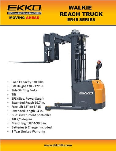 EKKO ER15 Walkie Reach Truck 3300 lb Cap., 177" Height, Side Shift ER15