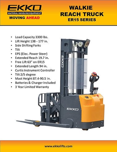 EKKO ER15L Walkie Reach Truck 3300 lb Cap., 138" Height, Side Shift ER15L