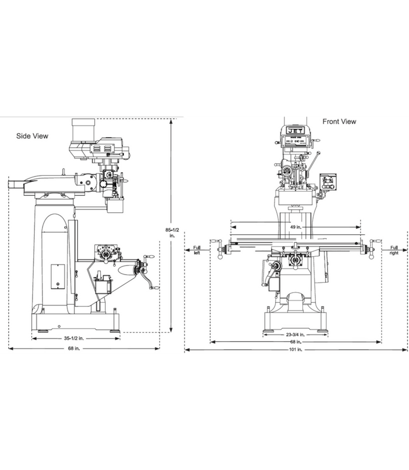 JET Elite ETM-949 Mill with 2-Axis ACU-RITE 203 DRO and Servo X-Axis Powerfeed and USA Air Powered Draw Bar JET-894182