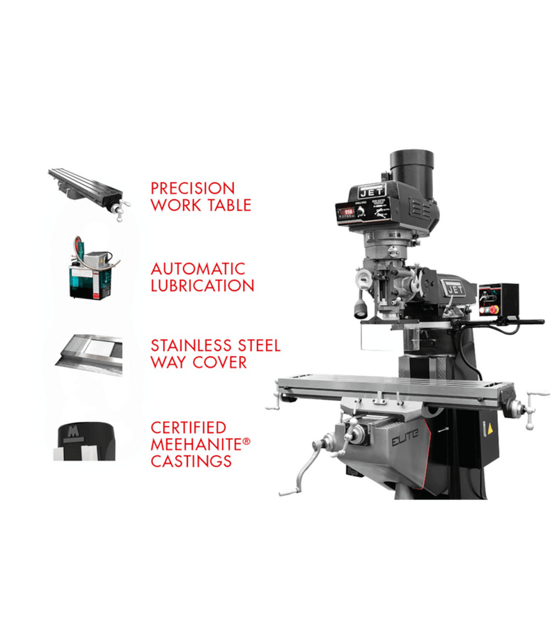 JET Elite ETM-949 Mill with 2-Axis ACU-RITE 203 DRO and X-Axis JET Powerfeed and USA Made Air Draw Bar JET-894111