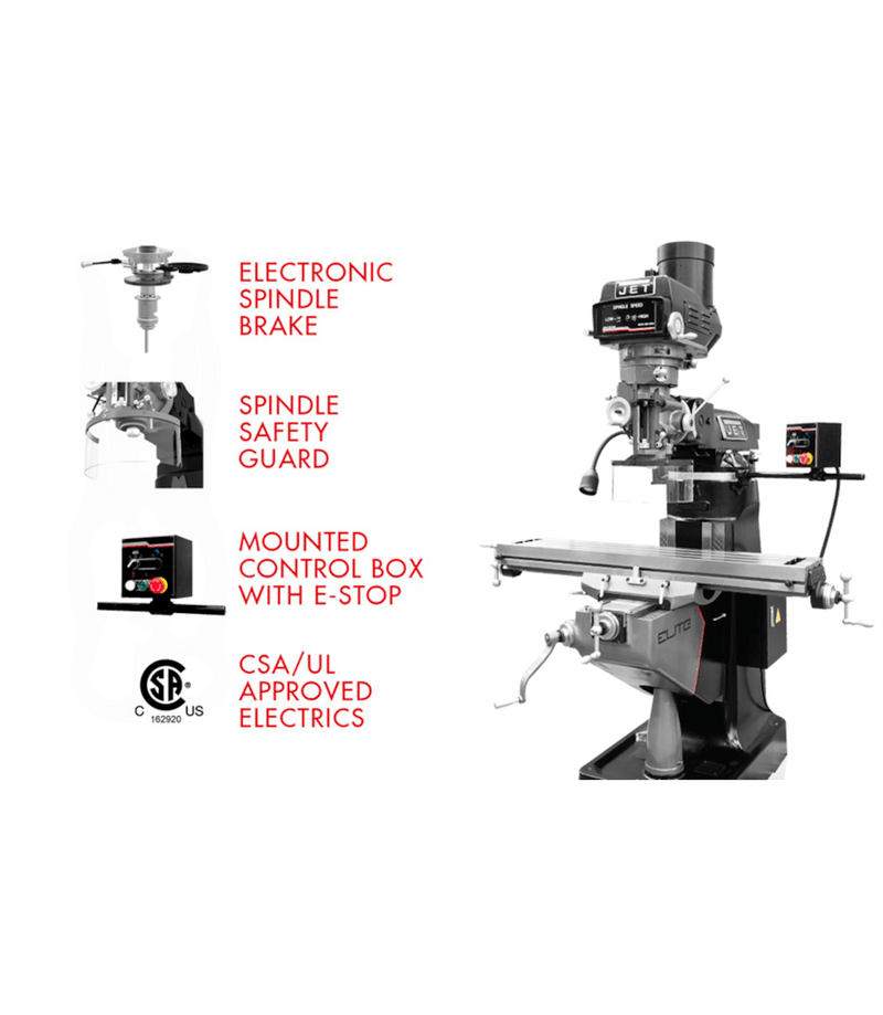 JET Elite ETM-949 Mill with 2-Axis ACU-RITE 203 DRO and X, Y-Axis JET Powerfeeds JET-894112