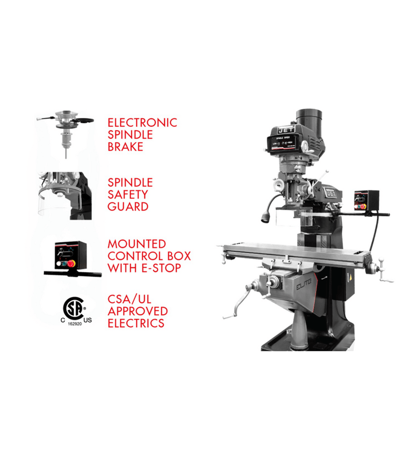 JET Elite ETM-949 Mill with 3-Axis ACU-RITE 303 (Knee) DRO and X-Axis JET Powerfeed JET-894145