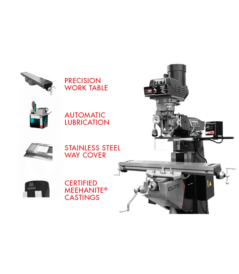 JET Elite ETM-949 Mill with 3-Axis Newall DP700 (Knee) DRO and X, Y-Axis JET Powerfeeds JET-894168