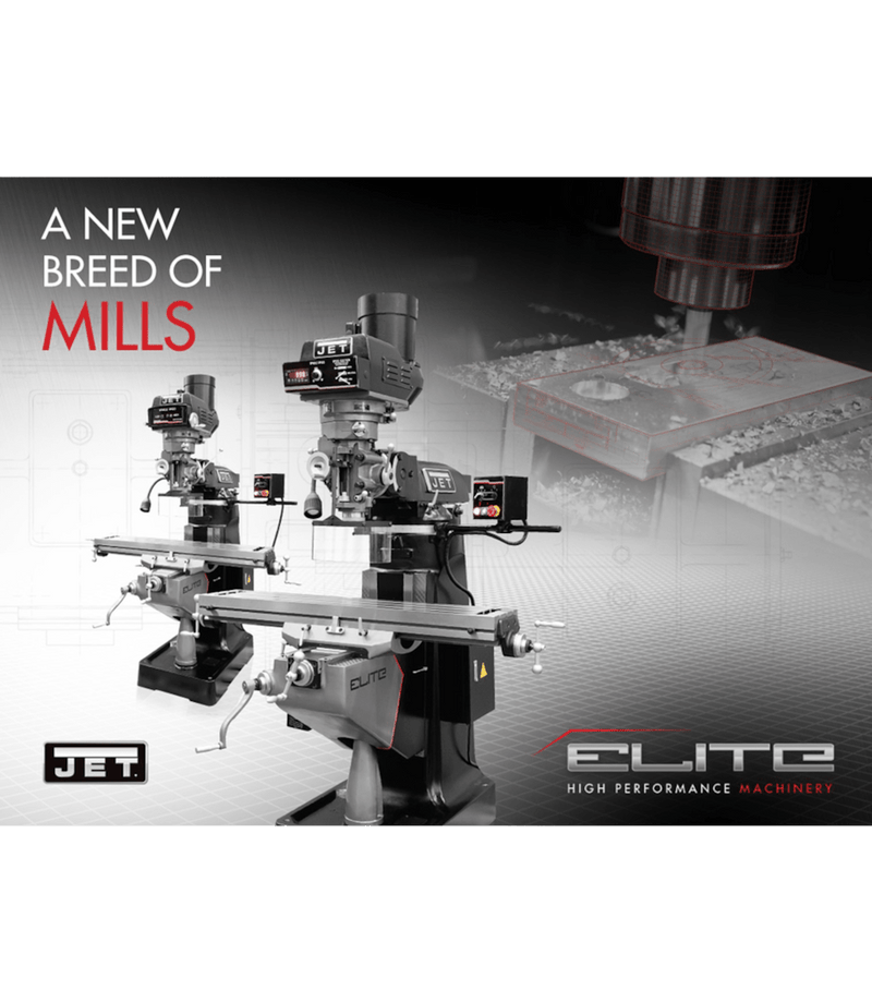 JET Elite EVS-949 Mill with 2-Axis ACU-RITE 303 DRO and X, Y, Z-Axis JET Powerfeeds and USA Made Air Draw Bar JET-894336
