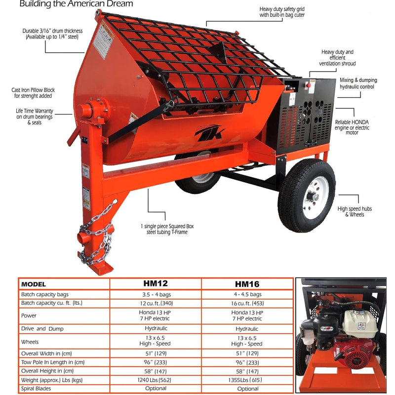 12 cu ft.Hydraulic Towable Steel Drum Concrete Cement Mortar Plaster Mixer W/ TK-HM12-E7