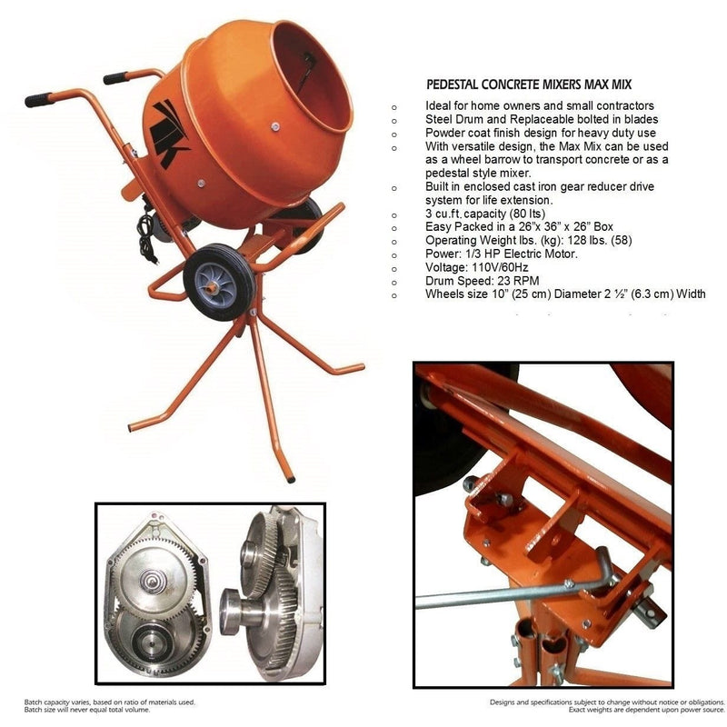 3 cu ft.0 Towable 0 Concrete Cement Mortar Plaster Mixer W/ 1/3 HP Electric Engine TK-MAXMIX-E