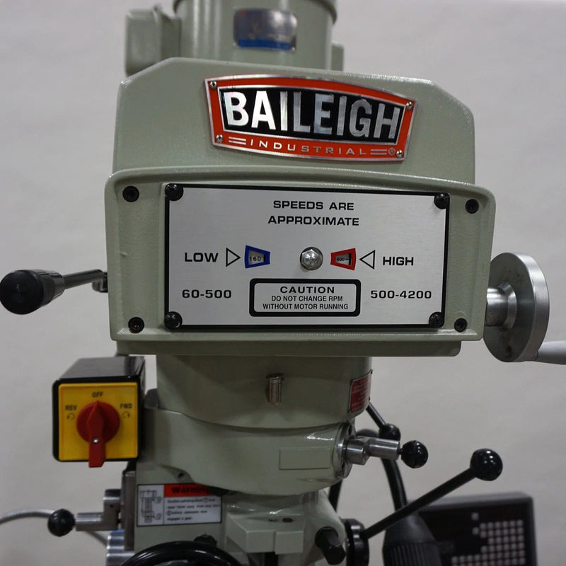 Baileigh VM-949E-VS; 220V 1Phase 3HP Vertical Mill, 9" x 49" Table, Variable Speed Pulley System, X Power Feed, DRO BI-1019108