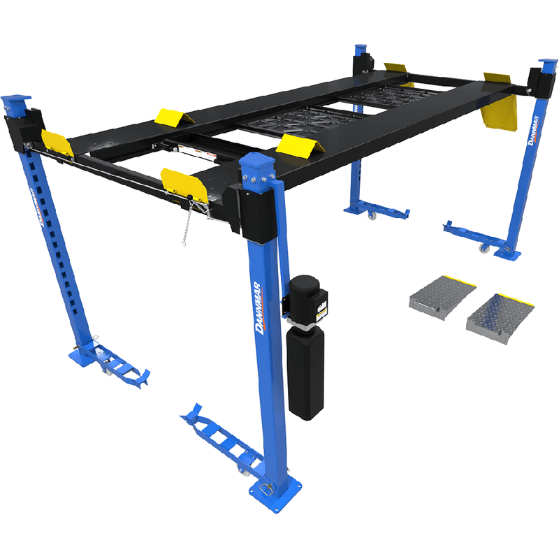 Dannmar D4-9X Package 9K Capacity 4-Post Lift High Rise, Extended Length Includes Caster Kit, Drip Trays, and Aluminum Ramps -  5175321